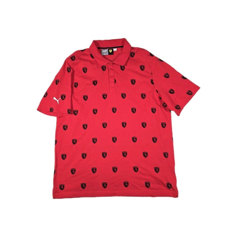 Mens Puma Ferrari Short Sleeve All Over Print Polo Shirt Red XL